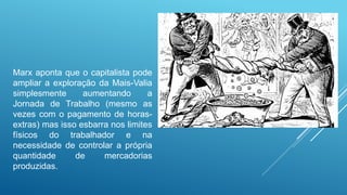 Marx aponta que o capitalista pode
ampliar a exploração da Mais-Valia
simplesmente aumentando a
Jornada de Trabalho (mesmo as
vezes com o pagamento de horas-
extras) mas isso esbarra nos limites
físicos do trabalhador e na
necessidade de controlar a própria
quantidade de mercadorias
produzidas.
 