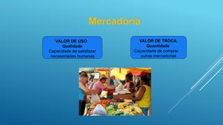 Mercadoria
VALOR DE USO:
Qualidade
Capacidade de satisfazer
necessidades humanas
VALOR DE TROCA:
Quantidade
Capacidade de comprar
outras mercadorias
 