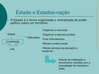 Parte integrante da obra Geografia homem & espaço, Editora Saraiva.
           Estado e Estados-nação
   O Estado é a forma organizada e centralizada de poder
    político sobre um território.

                             •Organizar a economia
 Estado                      •Organizar a estrutura jurídica
               Atribuições
                             •Criar infra-estrutura
Constituição
                             •Manter a ordem social

    Leis                     •Ofertar serviços de educação e
                             saúde etc.


                                             Através de instituições e
                                             funcionários mantidos com a
                                             arrecadação de impostos e
                                             taxas
 
