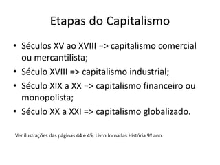 Etapas do Capitalismo
• Séculos XV ao XVIII => capitalismo comercial
ou mercantilista;
• Século XVIII => capitalismo industrial;
• Século XIX a XX => capitalismo financeiro ou
monopolista;
• Século XX a XXI => capitalismo globalizado.
Ver ilustrações das páginas 44 e 45, Livro Jornadas História 9º ano.
 
