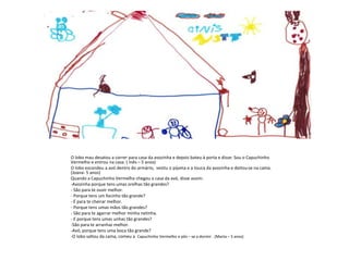 O lobo mau desatou a correr para casa da avozinha e depois bateu à porta e disse: Sou o Capuchinho
Vermelho e entrou na casa. ( Inês – 5 anos)
O lobo escondeu a avó dentro do armário, vestiu o pijama e a touca da avozinha e deitou-se na cama.
(Joana- 5 anos)
Quando a Capuchinho Vermelho chegou a casa da avó, disse assim:
-Avozinha porque tens umas orelhas tão grandes?
- São para te ouvir melhor.
- Porque tens um focinho tão grande?
- É para te cheirar melhor.
- Porque tens umas mãos tão grandes?
- São para te agarrar melhor minha netinha.
- E porque tens umas unhas tão grandes?
-São para te arranhar melhor.
-Avó, porque tens uma boca tão grande?
-O lobo saltou da cama, comeu a Capuchinho Vermelho e pôs – se a dormir . (Marta – 5 anos)
 