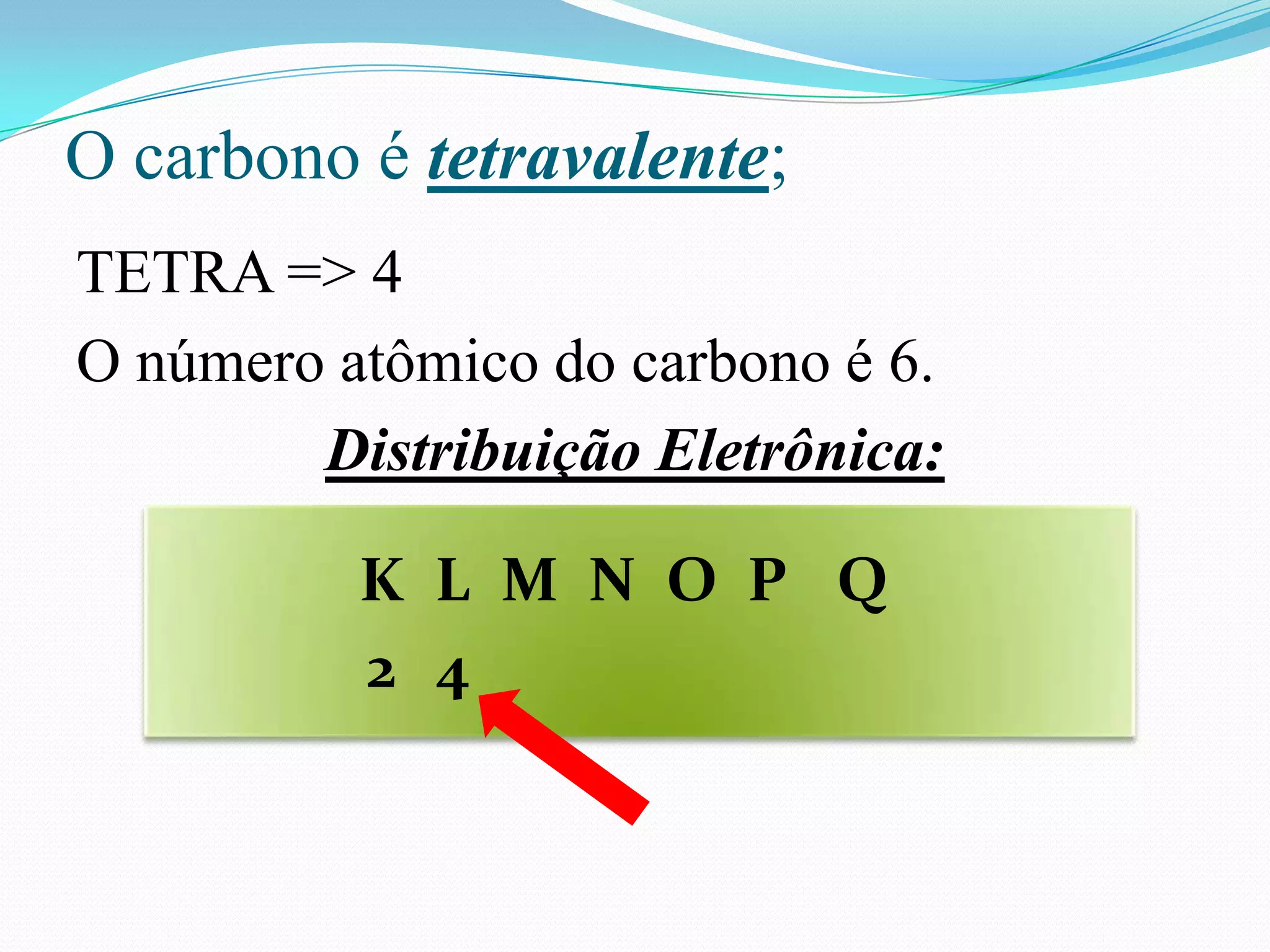 O carbono é tetravalente;
TETRA => 4
O número atômico do carbono é 6.
        Distribuição Eletrônica:

          K L M N O P Q
          2 4
 