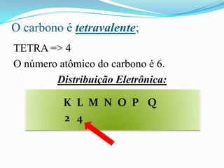 O carbono é tetravalente;
TETRA => 4
O número atômico do carbono é 6.
        Distribuição Eletrônica:

          K L M N O P Q
          2 4
 