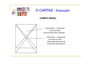 O CARTAZ - Execução

  CAMPO VISUAL



       Centro óptico – corresponde
            à zona do cartaz
    onde se tende a fixar a atenção
                            atenção.

        Centro físico – corresponde
           ao centro do cartaz
        determinado pelo ponto de
         cruzamento das diagonais
 