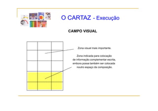 O CARTAZ - Execução

  CAMPO VISUAL



       Zona visual mais importante.

       Zona indicada para colocação
   de informação complementar escrita,
   embora possa também ser colocada
       noutro espaço da composição.
                p ç         p ç
 
