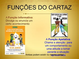 FUNÇÕES DO CARTAZ
A Função Apelativa:
Chama a atenção para
um comportamento ou
uma atitude a tomar
perante a situação
apresentada
A Função Informativa:
Divulga ou anuncia um
certo acontecimento
Ambas podem existir no mesmo cartaz
 