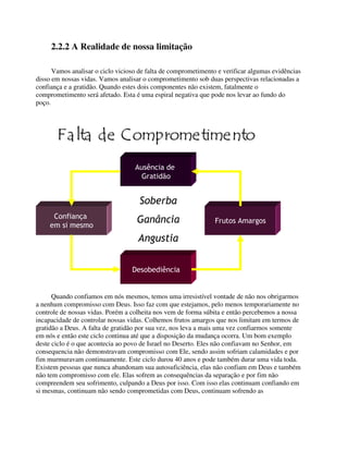 2.2.2 A Realidade de nossa limitação
Vamos analisar o ciclo vicioso de falta de comprometimento e verificar algumas evidências
disso em nossas vidas. Vamos analisar o comprometimento sob duas perspectivas relacionadas a
confiança e a gratidão. Quando estes dois componentes não existem, fatalmente o
comprometimento será afetado. Esta é uma espiral negativa que pode nos levar ao fundo do
poço.
Quando confiamos em nós mesmos, temos uma irresistível vontade de não nos obrigarmos
a nenhum compromisso com Deus. Isso faz com que estejamos, pelo menos temporariamente no
controle de nossas vidas. Porém a colheita nos vem de forma súbita e então percebemos a nossa
incapacidade de controlar nossas vidas. Colhemos frutos amargos que nos limitam em termos de
gratidão a Deus. A falta de gratidão por sua vez, nos leva a mais uma vez confiarmos somente
em nós e então este ciclo continua até que a disposição da mudança ocorra. Um bom exemplo
deste ciclo é o que acontecia ao povo de Israel no Deserto. Eles não confiavam no Senhor, em
consequencia não demonstravam compromisso com Ele, sendo assim sofriam calamidades e por
fim murmuravam continuamente. Este ciclo durou 40 anos e pode também durar uma vida toda.
Existem pessoas que nunca abandonam sua autosuficiência, elas não confiam em Deus e também
não tem compromisso com ele. Elas sofrem as consequências da separação e por fim não
compreendem seu sofrimento, culpando a Deus por isso. Com isso elas continuam confiando em
si mesmas, continuam não sendo comprometidas com Deus, continuam sofrendo as
 #
!
( %
 