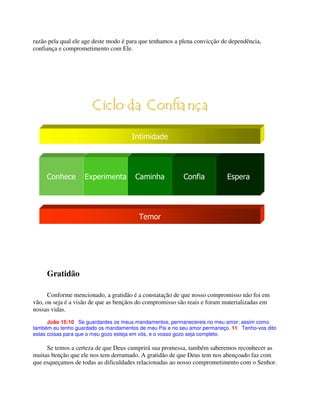 razão pela qual ele age deste modo é para que tenhamos a plena convicção de dependência,
confiança e comprometimento com Ele.
Gratidão
Conforme mencionado, a gratidão é a constatação de que nosso compromisso não foi em
vão, ou seja é a visão de que as bençãos do compromisso são reais e foram materializadas em
nossas vidas.
João 15:10 Se guardardes os meus mandamentos, permanecereis no meu amor; assim como
também eu tenho guardado os mandamentos de meu Pai e no seu amor permaneço. 11 Tenho-vos dito
estas coisas para que o meu gozo esteja em vós, e o vosso gozo seja completo.
Se temos a certeza de que Deus cumprirá sua promessa, também saberemos reconhecer as
muitas benção que ele nos tem derramado. A gratidão de que Deus tem nos abençoado faz com
que esqueçamos de todas as dificuldades relacionadas ao nosso comprometimento com o Senhor.
 