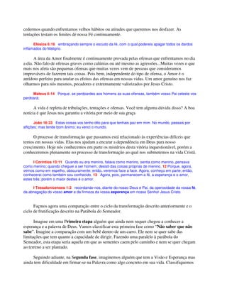 cedermos quando enfrentamos velhos hábitos ou atitudes que queremos nos desfazer. As
tentações testam os limites de nossa Fé continuamente.
Efésios 6:16 embraçando sempre o escudo da fé, com o qual podereis apagar todos os dardos
inflamados do Maligno.
A área da Amor finalmente é continuamente provada pelas ofensas que enfrentamos no dia
a dia. Não falo de ofensas graves como calúnias ou até mesmo as agressões...Muitas vezes o que
mais nos afeta são pequenas ofensas que muitas vezes vem de pessoas que consideramos
improváveis de fazerem tais coisas. Pois bem, independente do tipo de ofensa, o Amor é o
antídoto perfeito para anular os efeitos das ofensas em nossas vidas. Um amor genuíno nos faz
olharmos para nós mesmos, pecadores e extremamente valorizados por Jesus Cristo.
Mateus 6:14 Porque, se perdoardes aos homens as suas ofensas, também vosso Pai celeste vos
perdoará;
A vida é repleta de tribulações, tentações e ofensas. Você tem alguma dúvida disso? A boa
notícia é que Jesus nos garantiu a vitória por meio de sua graça
João 16:33 Estas coisas vos tenho dito para que tenhais paz em mim. No mundo, passais por
aflições; mas tende bom ânimo; eu venci o mundo
O processo de transformação que passamos está relacionado às experiências difíceis que
temos em nossas vidas. Elas nos ajudam a encarar a dependência em Deus para nosso
crescimento. Hoje nós conhecemos em parte os mistérios desta vitória inquestionável, porém a
conheceremos plenamente no processo de transformação ao qual nos submetemos na vida Cristã.
I Coríntios 13:11 Quando eu era menino, falava como menino, sentia como menino, pensava
como menino; quando cheguei a ser homem, desisti das coisas próprias de menino. 12 Porque, agora,
vemos como em espelho, obscuramente; então, veremos face a face. Agora, conheço em parte; então,
conhecerei como também sou conhecido. 13 Agora, pois, permanecem a fé, a esperança e o amor,
estes três; porém o maior destes é o amor.
I Tessalonicenses 1:3 recordando-nos, diante do nosso Deus e Pai, da operosidade da vossa fé,
da abnegação do vosso amor e da firmeza da vossa esperança em nosso Senhor Jesus Cristo
Façmos agora uma comparação entre o ciclo da transformação descrito anteriormente e o
ciclo de frutificação descrito na Parábola do Semeador.
Imagine em uma Primeira etapa alguém que ainda nem sequer chegou a conhecer a
esperança e a palavra de Deus. Vamos classificar esta primeira fase como “Não saber que não
sabe”. Imagine a comparação com um bebê dentro de um carro. Ele nem se quer sabe das
limitações que tem quanto a capacidade de dirigir. Fazendo uma paralelo à parábola do
Semeador, esta etapa seria aquela em que as sementes caem pelo caminho e nem se quer chegam
ao terreno a ser plantado.
Seguindo adiante, na Segunda fase, imaginemos alguém que tem a Visão e Esperança mas
ainda tem dificuldade em firmar-se na Palavra como algo concreto em sua vida. Classifiquemos
 