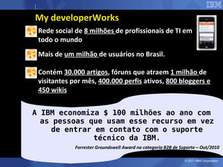 My developerWorks Rede social de  8 milhões  de profissionais de TI em  todo o mundo  Mais de  um milhão  de usuários no Brasil.  Contém  30.000 artigos , fóruns que atraem  1 milhão  de visitantes por mês,  400.000 perfis  ativos,  800 bloggers e 450 wikis A IBM economiza $ 100 milhões ao ano com as pessoas que usam esse recurso em vez de entrar em contato com o suporte técnico da IBM. Forrester Groundswell Award na categoria B2B de Suporte – Out/2010 