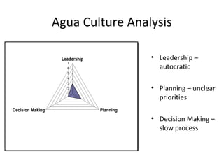 Agua Culture Analysis 
• Leadership – 
autocratic 
• Planning – unclear 
priorities 
• Decision Making – 
slow process 
 