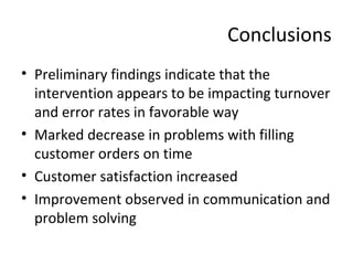 Conclusions 
• Preliminary findings indicate that the 
intervention appears to be impacting turnover 
and error rates in favorable way 
• Marked decrease in problems with filling 
customer orders on time 
• Customer satisfaction increased 
• Improvement observed in communication and 
problem solving 
 