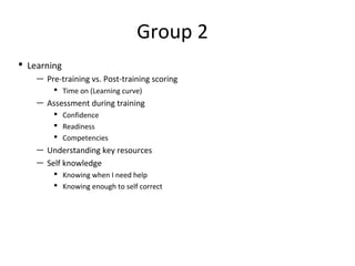 Group 2 
 Learning 
— Pre-training vs. Post-training scoring 
 Time on (Learning curve) 
— Assessment during training 
 Confidence 
 Readiness 
 Competencies 
— Understanding key resources 
— Self knowledge 
 Knowing when I need help 
 Knowing enough to self correct 
 