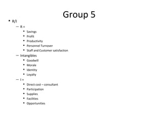 Group 5 
 R/I 
— R = 
 Savings 
 Profit 
 Productivity 
 Personnel Turnover 
 Staff and Customer satisfaction 
— Intangibles 
 Goodwill 
 Morale 
 Identity 
 Loyalty 
— I = 
 Direct cost – consultant 
 Participation 
 Supplies 
 Facilities 
 Opportunities 
