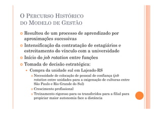 O PERCURSO HISTÓRICO
DO MODELO DE GESTÃO
Resultou de um processo de aprendizado por
aproximações sucessivas
Intensificação da contratação de estagiários e
estreitamento do vínculo com a universidade
Início do job rotation entre funções
Tomada de decisão estratégica:
Compra da unidade sul em Lajeado-RS
Necessidade de colocação de pessoal de confiança (job
rotation entre unidades para a oxigenação de culturas entre
São Paulo e Rio Grande do Sul)
Crescimento profissional
Treinamento rigoroso para os transferidos para a filial para
propiciar maior autonomia face a distância

 
