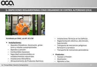3.- INSPECCIONES REGLAMENTARIAS COMO ORGANISMO DE CONTROL AUTORIZADO (OCA)




      Acreditado por ENAC, con Nº: OC-I/30          – Instalaciones Térmicas en los Edificios
                                                    – Reglamentación eléctrica: alta tensión,
       Instalaciones:                                baja tensión
        – Aparatos Elevadores: Ascensores, grúas    – Transporte de mercancías peligrosas:
          torre y móviles autopropulsadas             ferrocarril y carretera
        – Aparatos a presión                        – Transporte de mercancías perecederas
        – Combustibles Gaseosos
        – Seguridad contraincendios en              Productos:
          establecimientos industriales             – Equipos a Presión
        – Instalaciones Petrolíferas                – Ascensores
        – Almacenamiento de Productos Químicos      – Aparatos a Gas
Su Tranquilidad, Nuestro Compromiso                                                             12
 
