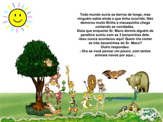 Todo mundo ouvia os berros de longe, mas ninguém sabia ainda o que tinha ocorrido. Não demorou muito Binha a macaquinha chega contando as novidades.  Dizia que enquanto Sr. Maco dormia alguém de peraltice sumiu com as 3 bananinhas dele. -Isso nunca aconteceu aqui! Quem iria comer as três bananinhas do Sr. Maco? Outro respondeu:  - Ora se você pensar um pouco, com tantos animais novos por aqui... 
