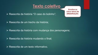Texto coletivo
 Reescrita da história “O caso do bolinho”;
 Reescrita de um trecho da história;
 Reescrita da história com mudança dos personagens;
 Reescrita da história mudando o final;
 Reescrita de um texto informativo.
Envolve os
cinco eixos da
alfabetização.
 