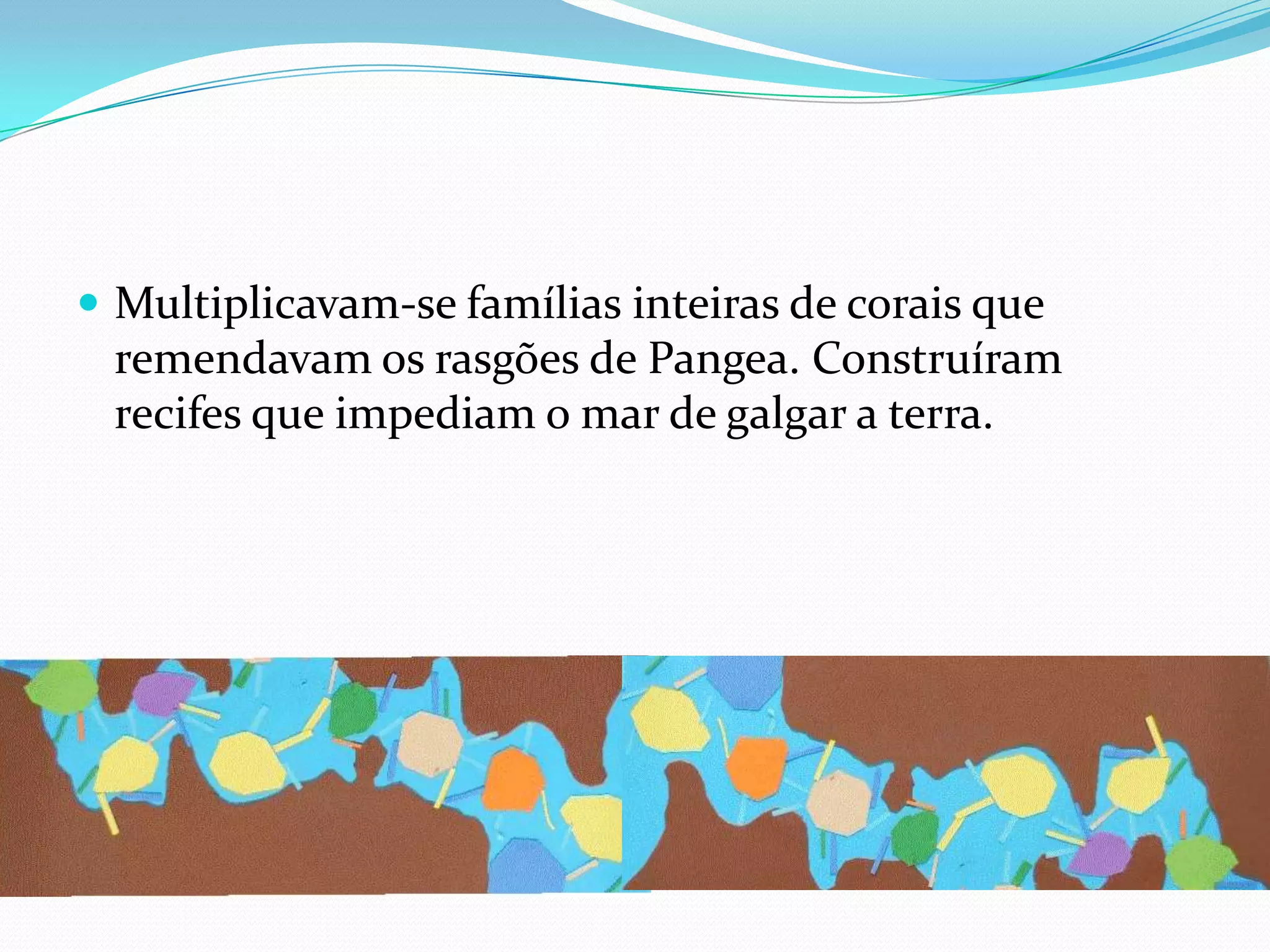 Multiplicavam-se famílias inteiras de corais que remendavam os rasgões de Pangea. Construíram recifes que impediam o mar de galgar a terra.