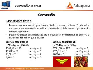 ORGANIZAÇÃO DE COMPUTADORES – Prof. Thomás da Costa
Conversão
Base 10 para Base B:
• Para efetuar a conversão, precisamos dividir o número na base 10 pelo valor
da base a ser convertida e utilizar o resto da divisão como algarismo do
número resultante.
• Devemos efetuar essa operação até o quociente for diferente de zero ou o
dividendo for maior que o divisor.
CONVERSÃO DE BASES
Base 10 para Base 8:
(𝟑𝟗𝟔𝟒) 𝟏𝟎 = (𝟕𝟓𝟕𝟒) 𝟖
3964/8 = 495 𝑟𝑒𝑠𝑡𝑜0 = 4
495/8 = 61 𝑟𝑒𝑠𝑡𝑜1 = 7
61/8 = 7 𝑟𝑒𝑠𝑡𝑜2 = 5
7/8 = 0 𝑟𝑒𝑠𝑡𝑜3 = 7
Base 10 para Base 16:
(𝟐𝟕𝟓𝟒) 𝟏𝟎 = (𝑨𝑪𝟐) 𝟏𝟔
2754/16 = 172 𝑟𝑒𝑠𝑡𝑜0 = 2
172/16 = 10 𝑟𝑒𝑠𝑡𝑜1 = 12
10/16 = 0 𝑟𝑒𝑠𝑡𝑜2 = 10
 