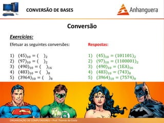 ORGANIZAÇÃO DE COMPUTADORES – Prof. Thomás da Costa
Conversão
Exercícios:
CONVERSÃO DE BASES
Efetuar as seguintes conversões:
1) (45)10 = ( )2
2) (97)10 = ( )2
3) (490)10 = ( )16
4) (483)10 = ( )8
5) (3964)10 = ( )8
Respostas:
1) (45)10 = (101101)2
2) (97)10 = (1100001)2
3) (490)10 = (1EA)16
4) (483)10 = (743)8
5) (3964)10 = (7574)8
 