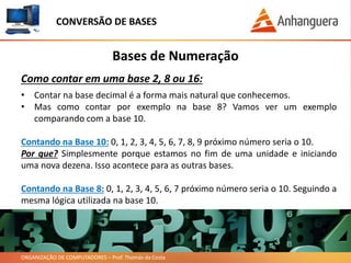ORGANIZAÇÃO DE COMPUTADORES – Prof. Thomás da Costa
Bases de Numeração
Como contar em uma base 2, 8 ou 16:
• Contar na base decimal é a forma mais natural que conhecemos.
• Mas como contar por exemplo na base 8? Vamos ver um exemplo
comparando com a base 10.
Contando na Base 10: 0, 1, 2, 3, 4, 5, 6, 7, 8, 9 próximo número seria o 10.
Por que? Simplesmente porque estamos no fim de uma unidade e iniciando
uma nova dezena. Isso acontece para as outras bases.
Contando na Base 8: 0, 1, 2, 3, 4, 5, 6, 7 próximo número seria o 10. Seguindo a
mesma lógica utilizada na base 10.
CONVERSÃO DE BASES
 