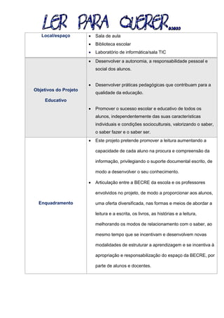 Local/espaço  Sala de aula
 Biblioteca escolar
 Laboratório de informática/sala TIC
Objetivos do Projeto
Educativo
 Desenvolver a autonomia, a responsabilidade pessoal e
social dos alunos.
 Desenvolver práticas pedagógicas que contribuam para a
qualidade da educação.
 Promover o sucesso escolar e educativo de todos os
alunos, independentemente das suas características
individuais e condições socioculturais, valorizando o saber,
o saber fazer e o saber ser.
Enquadramento
 Este projeto pretende promover a leitura aumentando a
capacidade de cada aluno na procura e compreensão da
informação, privilegiando o suporte documental escrito, de
modo a desenvolver o seu conhecimento.
 Articulação entre a BECRE da escola e os professores
envolvidos no projeto, de modo a proporcionar aos alunos,
uma oferta diversificada, nas formas e meios de abordar a
leitura e a escrita, os livros, as histórias e a leitura,
melhorando os modos de relacionamento com o saber, ao
mesmo tempo que se incentivam e desenvolvem novas
modalidades de estruturar a aprendizagem e se incentiva à
apropriação e responsabilização do espaço da BECRE, por
parte de alunos e docentes.
 