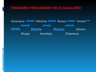 ITINERÁRIO PERCORRIDO PELO CAVALEIRO Dinamarca  Palestina  Ravena  Veneza  Ferrara  Bolonha  Florença  Génova Bruges  Antuérpia  Dinamarca 