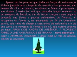 .   Apesar de lhe parecer que todas as for ç as da natureza se tinham juntado para o impedir de cumprir a sua promessa, ele, homem de f é  e de palavra, recobrava o ânimo e prosseguia a sua viagem. E assim foi, at é  que passadas longas semanas, na antev é spera do Natal, ao fim da tarde, chegou a uma pequena povoa ç ão que ficava a poucos quil ó metros da floresta. A í  recuperou as for ç as e, na madrugada de 24 de Dezembro, partiu, pois tinha de chegar a casa antes da meia-noite e o dia era curto e a travessia da floresta dif í cil, pois estava coberta de neve.  APÓS DOIS ANOPS DE AUSÊNCIA, A FLORESTA PARECIA-LHE FANTÁSTICA E ESTRANHA –  nova descrição –  surge o PINHEIRO novamente, o  ú nico sinal de vida na floresta; s í mbolo da esperan ç a . 