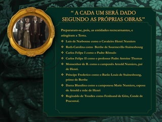 Prepararam-se, pois, as entidades reencarnantes, e 
atingiram a Terra. 
 Luís de Narbonne como o Cavaleiro Henri Numiers 
 Ruth-Carolina como Berthe de Sourmeville-Stainesbourg 
 Carlos Felipe I como o Padre Rômulo 
 Carlos Felipe II como o professor Padre Antoine Thomas 
 Monsenhor de B. como o camponês Arnold Numiers, pai 
de Henri. 
 Príncipe Frederico como o Barão Louis de Stainesbourg, 
primo de Berthe 
 Dama Blandina como a camponesa Marie Numiers, esposa 
de Arnold e mãe de Henri 
 Reginaldo de Troulles como Ferdnand de Görs, Conde de 
Pracontal. 
 