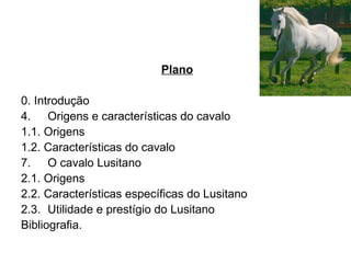 Plano 0. Introdução Origens e características do cavalo 1.1. Origens 1.2. Características do cavalo O cavalo Lusitano 2.1. Origens 2.2. Características específicas do Lusitano 2.3.  Utilidade e prestígio do Lusitano Bibliografia. 