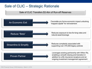 Sale of CLIC – Strategic Rationale
Sale of CLIC Transfers $3.4bn of Run-off Reserves

An Economic Exit

Reduce “Beta”

Streamline & Simplify

Proven Partner

CNO Financial Group | OCB Solutions | March 3, 2014

Favorable pro forma economic impact unlocking
“trapped capital” for reinvestment

Reduces exposure to low-for-long rates and
natural asset leverage

Reduces complexity associated with
supporting over 370,000 legacy policies

Leverages existing partnership with Wilton Re,
enabling a smooth closing and transition in
addition to a life insurance recapture and an
ongoing investment management agreement

5

 
