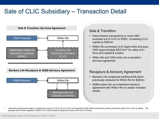 Sale of CLIC Subsidiary – Transaction Detail
Sale & Transition Services Agreement

CNO Financial

Washington National
Insurance Company
(WNIC)

Wilton Re

Conseco Life
Insurance Company
(CLIC)

Bankers Life Recapture & 40|86 Advisory Agreement

40|86 Advisors

Wilton Re

Bankers Life and
Casualty Company

*

Sale & Transition
 Intercompany transactions to move A&H
business out of CLIC to WNIC, increasing CLIC
capital by $36mm
 Wilton Re purchases CLIC legal entity and pays
CNO approximately $237mm* for value of inforce and capital & surplus
 Wilton Re and CNO enter into a transition
services agreement

Recapture & Advisory Agreement
 Bankers Life recaptures traditional life block
previously reinsured to Wilton Re for $28mm
 40|86 enters into an investment advisory
agreement with Wilton Re on certain invested
assets

Assumed purchase price based on capital and surplus of CLIC as of 12-31-2013 and adjusted for $36 million intercompany ceding commission paid to CLIC prior to closing. The
proceeds will be further adjusted to reflect CLIC’s actual statutory capital and surplus at the time of closing.

CNO Financial Group | OCB Solutions | March 3, 2014

7

 