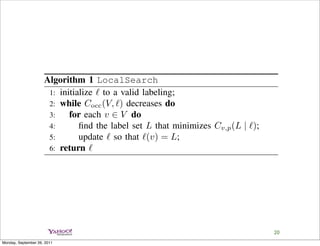 u∈V {v}

            expresses the error incurred by vertex v when it has the labels          Now, giv
            (v), and the remaining nodes are labeled according to . The            J(X, Sj
            subscript p in Cv,p serves to remind us that the set (v) should
            have at most p labels. Our general local-search strategy is
            summarized in Algorithm 1.

            Algorithm 1 LocalSearch                                                  which is
             1: initialize  to a valid labeling;
             2: while Cocc (V, ) decreases do
             3:    for each v ∈ V do
                                                                                     and we
             4:       ﬁnd the label set L that minimizes Cv,p (L | );
                                                                                     We obse
             5:       update  so that (v) = L;
                                                                                     to the un
             6: return 
                                                                                     xi and t
                                                                                     Equation
              Line 4 is the step in which LocalSearch seeks to ﬁnd an
                                                                                     propose
            optimal set of labels for an object v by solving Equation (3).
                                                                                     constrain
            This is also the place that our framework differentiates be-
                                                                                     squares
            tween the measures of Jaccard coefﬁcient and set-intersection.
                                                                                     optimiza
                      B. Local step for Jaccard coefﬁcient                           variables
                           Problem 3 (JACCARD - TRIANGULATION): Consider the set20      The s
                      {S , z }
Monday, September 26, 2011
                                        , where S are subsets of a ground set U =    drawbac
 