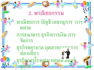 2.  พาณิชยกรรม   พาณิชยการ บัญชี เลขานุการ  การตลาด  การธนาคาร ธุรกิจการเงิน การจัดการ  ธุรกิจพยาบาล อุตสาหกรรมการท่องเที่ยว  ธุรกิจการโรงแรม คอมพิวเตอร์ธุรกิจ  การโรงแรม การท่องเที่ยว 