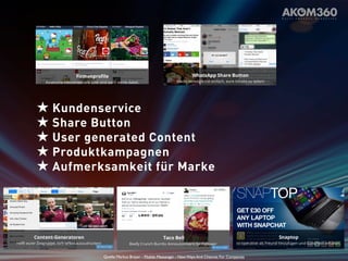 ★ Kundenservice 
★ Share Button 
★ User generated Content 
★ Produktkampagnen 
★ Aufmerksamkeit für Marke 
Quelle: Markus Breyer - Mobile Messenger - New Ways And Chances For Companies 
 
