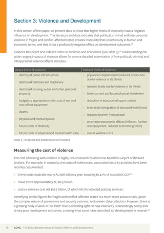 Section 3: Violence and Development 
In this section of the paper, we present data to show that higher levels of insecurity have a negative 
influence on development. The literature and data indicates that political, criminal and interpersonal 
violence in fragile and conflict-affected states creates insecurity that is both costly in human and 
economic terms, and that it has a profoundly negative effect on development outcomes.38 
Violence has direct and indirect costs on societies and economies (see Table 3).39 Understanding the 
wide-ranging impacts of violence allows for a more detailed examination of how political, criminal and 
interpersonal violence affects societies. 
Direct Costs of Violence Indirect Costs of Violence 
>> destroyed public infrastructure 
>> destroyed factories and machinery 
>> destroyed housing, autos and other personal 
property 
>> budgetary appropriations for cost of war and 
cost of lost equipment 
>> deaths 
>> physical and mental injuries 
>> future costs of disability 
>> future costs of physical and mental health care 
>> population displacement reduced production 
due to violence or its threat 
>> reduced trade due to violence or its threat 
>> lower current and future physical investment 
>> reduction in educational opportunities 
>> brain drain (emigration of educated work force) 
>> reduced tourism from abroad 
>> other macroeconomic effects (inflation, further 
unemployment, reduced economic growth) 
>> overall welfare costs 
Table 3: The Direct and Indirect Costs of Violence 
Measuring the cost of violence 
The cost of dealing with violence in highly industrialised countries has been the subject of detailed 
analysis. For example, in Australia, the costs of violence and associated security activities have been 
recently documented: 
>> Crime costs Australia nearly AU $36 billion a year, equating to 4.1% of Australia’s GDP 40 
>> Fraud costs approximately AU $8.5 billion 
>> Justice services cost AU $10.7 billion, of which 66.7% included policing services. 
Identifying similar figures for fragile and conflict-affected states is a much more arduous task, given 
the complex nature of governance and security systems, and uneven data collection. However, there is 
a growing body of work in this field41 that is shedding light on how insecurity is exceedingly costly and 
drives poor development outcomes, creating what some have described as ‘development in reverse’.42 
16 ACMC The Links Between Security Sector Reform and Development 
 