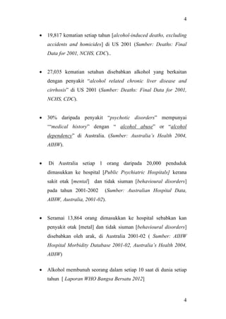 4
4
• 19,817 kematian setiap tahun [alcohol-induced deaths, excluding
accidents and homicides] di US 2001 (Sumber: Deaths: Final
Data for 2001, NCHS, CDC)..
• 27,035 kematian setahun disebabkan alkohol yang berkaitan
dengan penyakit “alcohol related chronic liver disease and
cirrhosis” di US 2001 (Sumber: Deaths: Final Data for 2001,
NCHS, CDC).
• 30% daripada penyakit “psychotic disorders” mempunyai
‘“medical history” dengan “ alcohol abuse” or “alcohol
dependency” di Australia. (Sumber: Australia’s Health 2004,
AIHW).
• Di Australia setiap 1 orang daripada 20,000 penduduk
dimasukkan ke hospital [Public Psychiatric Hospitals] kerana
sakit otak [mental] dan tidak siuman [behavioural disorders]
pada tahun 2001-2002 (Sumber: Australian Hospital Data,
AIHW, Australia, 2001-02).
• Seramai 13,864 orang dimasukkan ke hospital sebabkan kan
penyakit otak [metal] dan tidak siuman [behavioural disorders]
disebabkan oleh arak, di Australia 2001-02 ( Sumber: AIHW
Hospital Morbidity Database 2001-02, Australia’s Health 2004,
AIHW)
• Alkohol membunuh seorang dalam setiap 10 saat di dunia setiap
tahun [ Laporan WHO Bangsa Bersatu 2012]
 