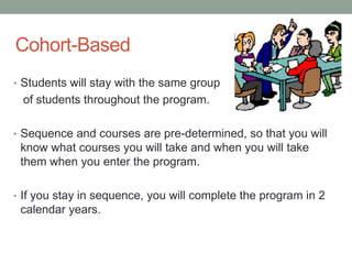 Cohort-Based
• Students will stay with the same group
of students throughout the program.
• Sequence and courses are pre-determined, so that you will
know what courses you will take and when you will take
them when you enter the program.
• If you stay in sequence, you will complete the program in 2
calendar years.
 