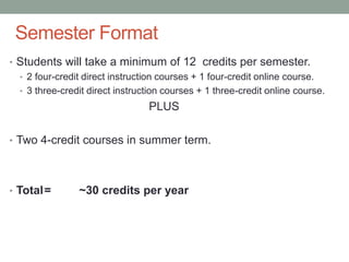 Semester Format
• Students will take a minimum of 12 credits per semester.
• 2 four-credit direct instruction courses + 1 four-credit online course.
• 3 three-credit direct instruction courses + 1 three-credit online course.
PLUS
• Two 4-credit courses in summer term.
• Total= ~30 credits per year
 