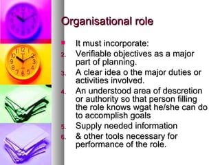 Organisational role It must incorporate:  Verifiable objectives as a major part of planning. A clear idea o the major duties or activities involved. An understood area of descretion or authority so that person filling the role knows wgat he/she can do to accomplish goals Supply needed information & other tools necessary for performance of the role.  