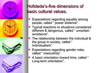 Hofstede’s-five dimensions of basic cultural values. Expectations regarding equality among people, called “ power distance”. Typical reactions to situations considered different & dangerous, called “ uncertain avoidance”. The relationship between the individual & the group in society, called “ Individualism”. Expectations regarding gender roles, called “ masculinity”. A basic orientation toward time, called “ Long-term orientation”. 