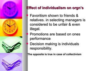 Effect of individualism on orgn’s Favoritism shown to friends & relatives. in selecting managers is considered to be unfair & even illegal. Promotions are based on ones performance Decision making is individuals responsibility. The opposite is true in case of collectivism 