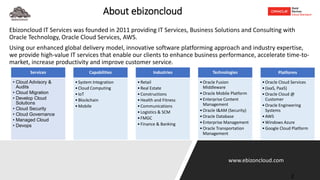 www.ebizoncloud.com
About ebizoncloud
Ebizoncloud IT Services was founded in 2011 providing IT Services, Business Solutions and Consulting with
Oracle Technology, Oracle Cloud Services, AWS.
Using our enhanced global delivery model, innovative software platforming approach and industry expertise,
we provide high-value IT services that enable our clients to enhance business performance, accelerate time-to-
market, increase productivity and improve customer service.
2
Services
• Cloud Advisory &
Audits
• Cloud Migration
• Develop Cloud
Solutions
• Cloud Security
• Cloud Governance
• Managed Cloud
• Devops
Capabilities
•System Integration
•Cloud Computing
•IoT
•Blockchain
•Mobile
Industries
•Retail
•Real Estate
•Constructions
•Health and Fitness
•Communications
•Logistics & SCM
•FMGC
•Finance & Banking
Technologies
•Oracle Fusion
Middleware
•Oracle Mobile Platform
•Enterprise Content
Management
•Oracle I&AM (Security)
•Oracle Database
•Enterprise Management
•Oracle Transportation
Management
Platforms
•Oracle Cloud Services
•(IaaS, PaaS)
•Oracle Cloud @
Customer
•Oracle Engineering
Systems
•AWS
•Windows Azure
•Google Cloud Platform
 