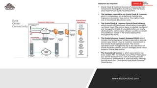 Deployment and Integration
• Oracle Cloud @ Customer Consists of several important
components that together provide you with the Oracle
cloud experience in Customer Data Centre.
• The hardware required to run Oracle Cloud @ Customer,
which is installed and set up by Oracle Field Service
Engineers in Customer Data centre. This might include
one of more Cloud @Customer racks.
• The Oracle Cloud @ Customer Control Plane Software,
which consists of the software infrastructure required to
run Oracle cloud. The control plane is installed, configured
and managed by Oracle. It is modelled after and nearly
identical to the control plane software used to run Oracle
Cloud Software hosted in the Oracle Data Centres
throughout the world.
• The Oracle Advanced Support Gateway (OASG), which
includes the hardware and software required to securely
connect your Oracle Cloud at Customer environment to
the remote Oracle operations team. The remote
operations team manages the day to day operations of
oracle cloud at Customer, just as it manages Oracle cloud
hosted in Oracle data centres.
• The Oracle Cloud Services to which subscriptions has
been availed. This can include many of the infrastructure
as a service (PaaS) services, such as Oracle Compute
Cloud Service, and Platform as a Service (PaaS) offerings,
such as Oracle Java Cloud Service and Oracle Database
Cloud Service.
www.ebizoncloud.com
 