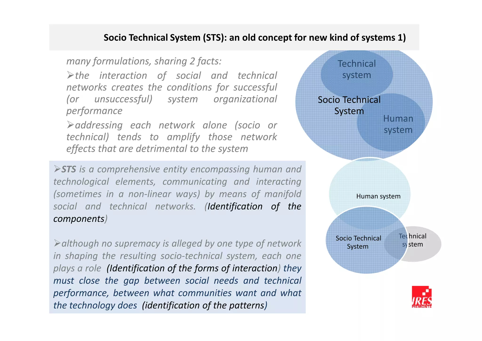 Socio Technical System (STS): an old concept for new kind of systems 1)

   many formulations, sharing 2 facts:                               Technical
     the interaction of social and technical                          system
   networks creates the conditions for successful
   (or unsuccessful) system organizational                       Socio Technical
   performance                                                       System
                                                                                       Human
     addressing each network alone (socio or                                           system
   technical) tends to amplify those network
   effects that are detrimental to the system
  STS is a comprehensive entity encompassing human and
technological elements, communicating and interacting
(sometimes in a non-linear ways) by means of manifold                      Human system
social and technical networks. (Identification of the
components)
                                                                     Socio Technical      Technical
  although no supremacy is alleged by one type of network               System             system
in shaping the resulting socio-technical system, each one
plays a role (Identification of the forms of interaction) they
must close the gap between social needs and technical
performance, between what communities want and what
the technology does (identification of the patterns)
 