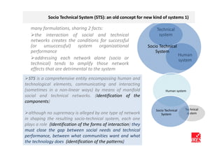 Socio Technical System (STS): an old concept for new kind of systems 1)

   many formulations, sharing 2 facts:                               Technical
     the interaction of social and technical                          system
   networks creates the conditions for successful
   (or unsuccessful) system organizational                       Socio Technical
   performance                                                       System
                                                                                       Human
     addressing each network alone (socio or                                           system
   technical) tends to amplify those network
   effects that are detrimental to the system
  STS is a comprehensive entity encompassing human and
technological elements, communicating and interacting
(sometimes in a non-linear ways) by means of manifold                      Human system
social and technical networks. (Identification of the
components)
                                                                     Socio Technical      Technical
  although no supremacy is alleged by one type of network               System             system
in shaping the resulting socio-technical system, each one
plays a role (Identification of the forms of interaction) they
must close the gap between social needs and technical
performance, between what communities want and what
the technology does (identification of the patterns)
 