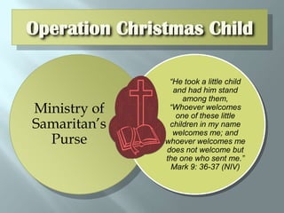 Operation Christmas Child Ministry of Samaritan’s Purse “He took a little child and had him stand among them, “Whoever welcomes one of these little children in my name welcomes me; and whoever welcomes me does not welcome but the one who sent me.”  Mark 9: 36-37 (NIV) 