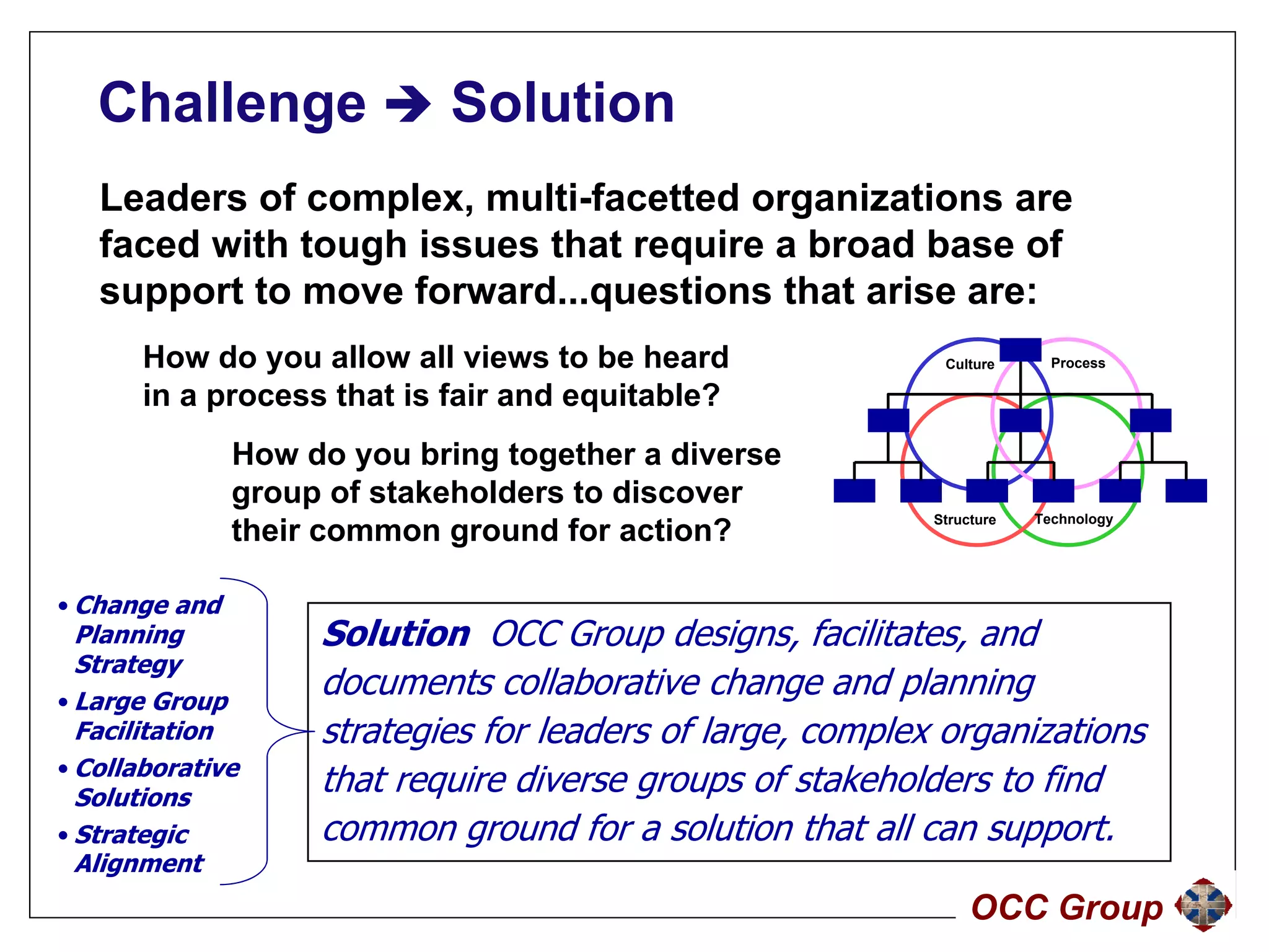 Challenge                Solution
   Leaders of complex, multi-facetted organizations are
   faced with tough issues that require a broad base of
   support to move forward...questions that arise are:
       How do you allow all views to be heard                Culture      Process

       in a process that is fair and equitable?
            p                         q
               How do you bring together a diverse
               group of stakeholders to discover
                                                            Structure   Technology
               their common ground for action?
                             g

• Change and
  Planning          Solution OCC Group designs, facilitates, and
  Strategy
• Large Group
                    documents collaborative change and planning
  Facilitation      strategies for leaders of large, complex organizations
• Collaborative
  Solutions
                    that require diverse groups of stakeholders to find
• Strategic         common ground for a solution that all can support.
                                     df       l i     h   ll
  Alignment
                                                                 OCC Group
 