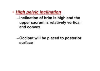 • High pelvic inclination
–Inclination of brim is high and the
upper sacrum is relatively vertical
and convex
–Occiput will be placed to posterior
surface
 